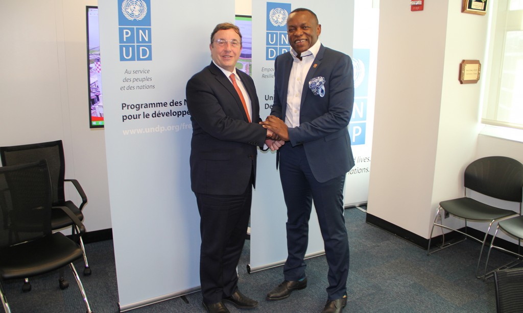 (l-r) Achim Steiner, Administrator - United Nations Development Programme (UNDP), Temitope Shonubi, Executive Director Sahara Group photographed during the signing of Memorandum of Understanding to Promote Sustainable Energy and SDGs in Africa. New York, USA, April 15, 2019