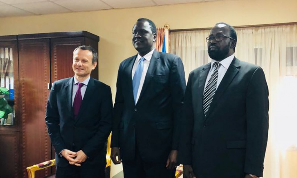 CEO, Sahara Energy International PTE Ltd, Valery Guillebon, South Sudan Minister of Petroleum, Ezekiel Lol Gathkuoth and Undersecretary, Ministry of Petroleum, Mayen Wol Jong following the signing of the $600 million facility provided by Sahara Energy Resources DMCC, Dubai (a member of the Sahara Group) to support ongoing peace process and infrastructure development in South Sudan